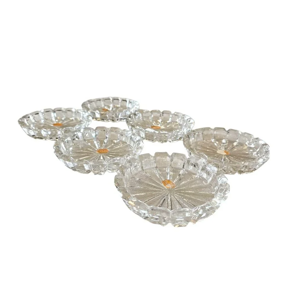 60s 6 Bolemia Czech Clear Cut Glass Ashtrays Trinket Dishes Coasters MCM Barware